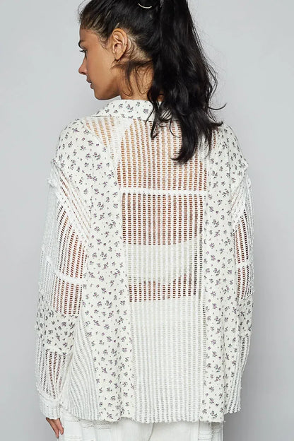 POL Floral Crochet Patchwork Long Sleeve Shirt - DAVERRI FASHIONS