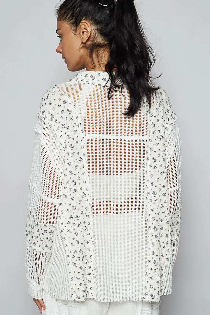 POL Floral Crochet Patchwork Long Sleeve Shirt Shirts