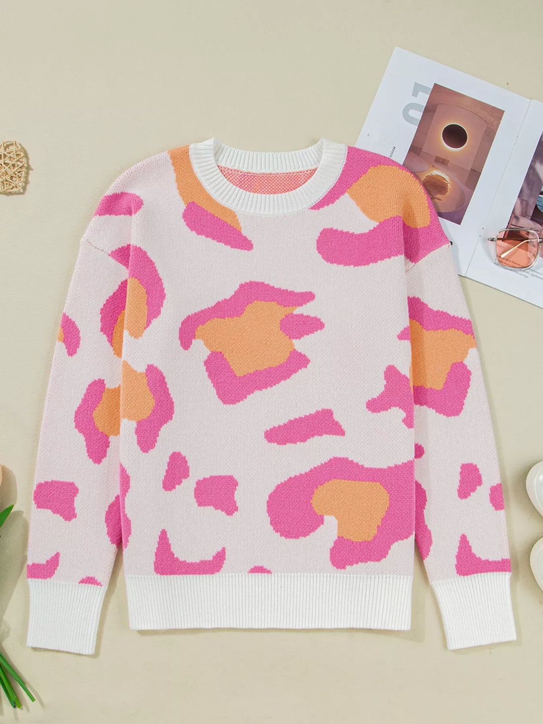 Leopard Print Drop Shoulder Baggy Sweater | Sweaters Daverri Fashions