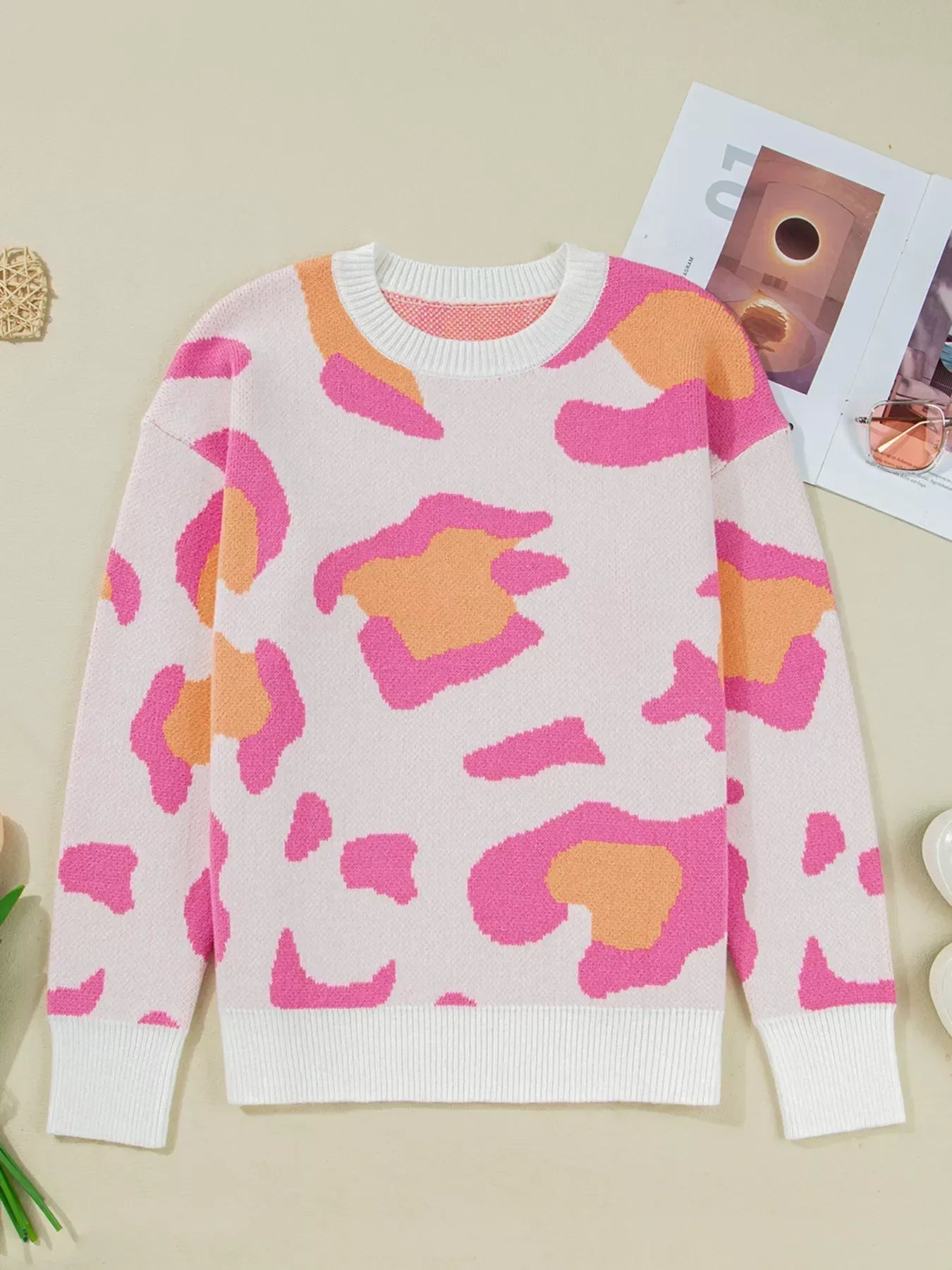 Leopard Print Drop Shoulder Baggy Sweater - DAVERRI FASHIONS