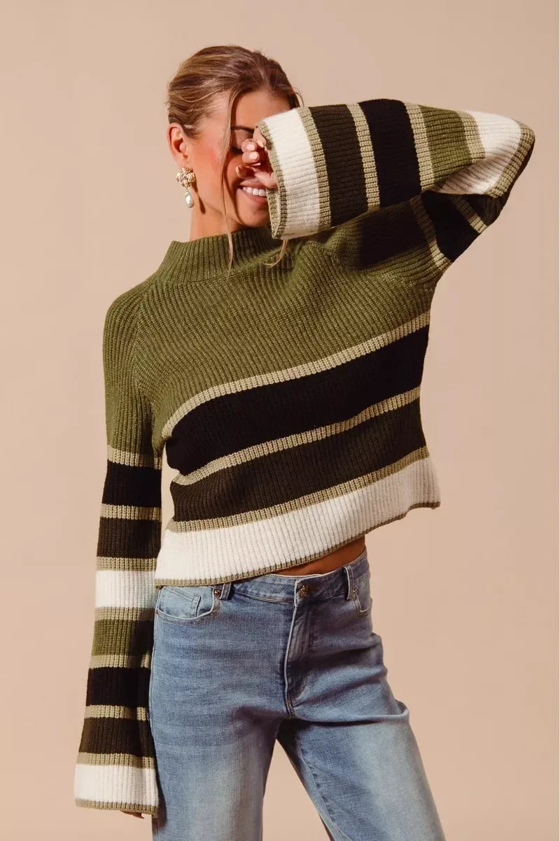 SO ME Multi Color Striped Mock Neck Sweater - DAVERRI FASHIONS