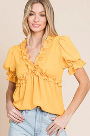 MANGO Lime 'N' Chili Solid Ruffled Deep V-Neck Puff Sleeve Babydoll Top | Tops Daverri Fashions