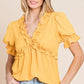 Lime 'N' Chili Solid Ruffled Deep V-Neck Puff Sleeve Babydoll Top - DAVERRI FASHIONS