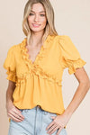 Lime 'N' Chili Solid Ruffled Deep V-Neck Puff Sleeve Babydoll Top - DAVERRI FASHIONS