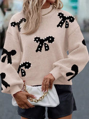 Pearl Embellished Bow Pattern Loose Sweater | Sweaters Daverri Fashions