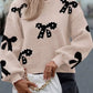 Pearl Embellished Bow Pattern Loose Sweater Dust Storm - DAVERRI FASHIONS