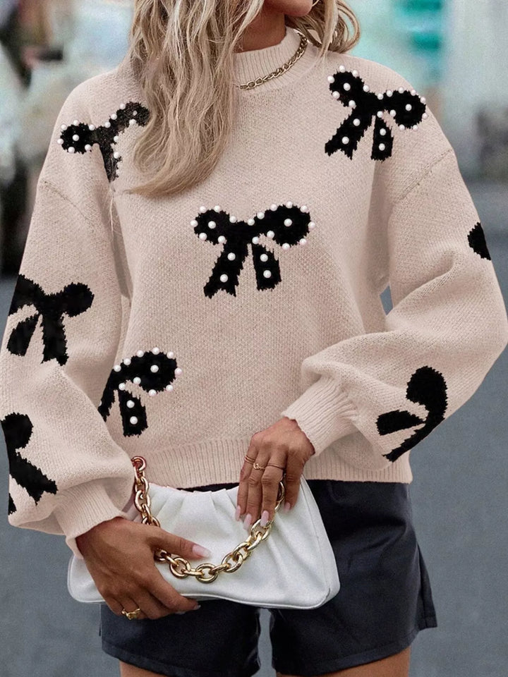 Pearl Embellished Bow Pattern Loose Sweater | Sweaters Daverri Fashions