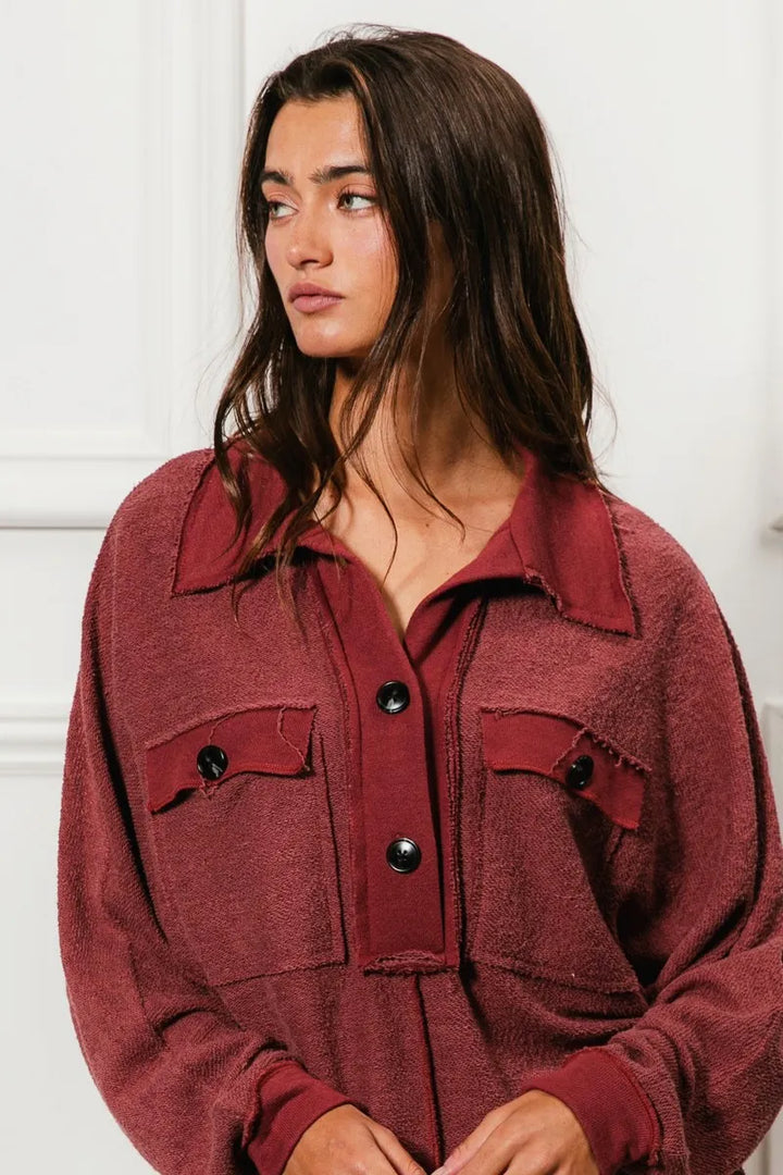 BiBi Cp French Terry Cut Edge Detail Collared Top | Tops Daverri Fashions