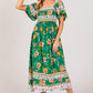 SAGE + FIG Printed Smocked Short Sleeve Midi Dress GREEN S Mid Dresses