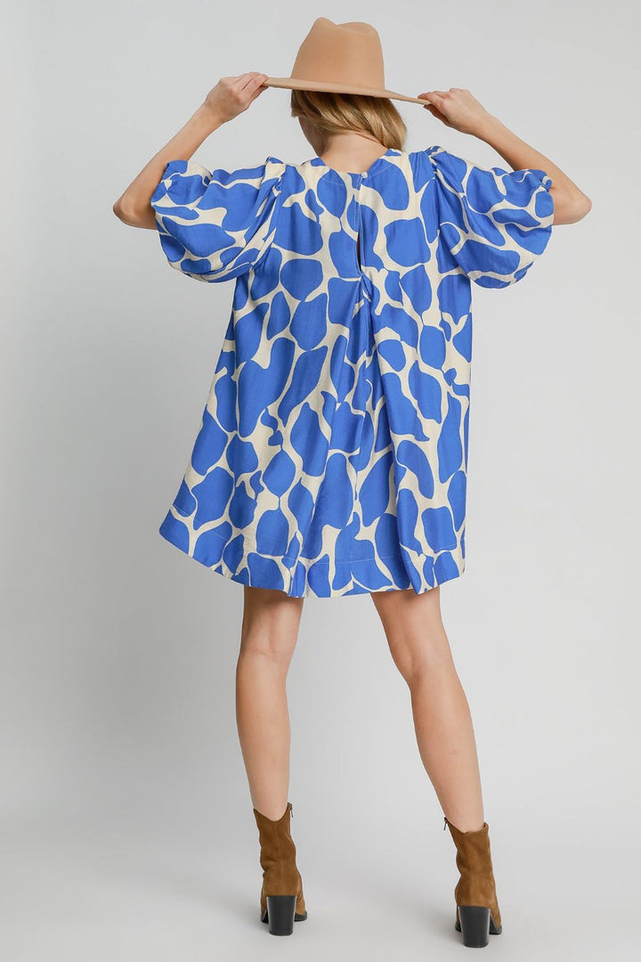 Umgee Two Tone Abstract Print Puff Sleeve Dress Midi Dresses