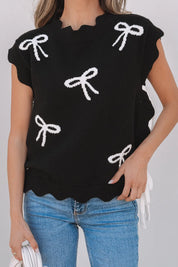 Bow Side Ties Scalloped Hem Cap Sleeve Sweater | Sweaters Daverri Fashions