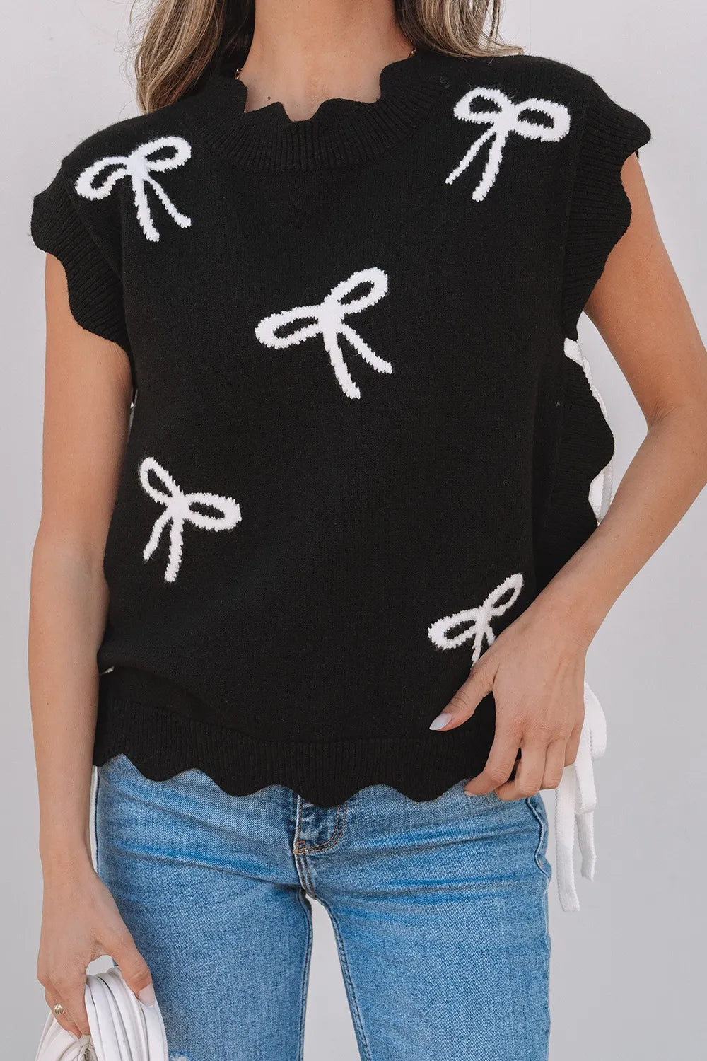 Bow Side Ties Scalloped Hem Cap Sleeve Sweater | Sweaters Daverri Fashions