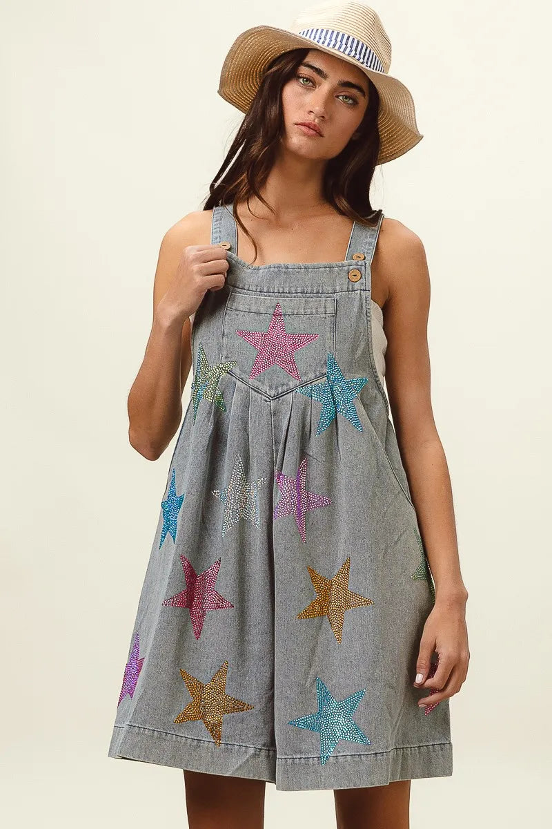 BiBi Star Rhinestone Washed Wide Leg Shortalls Shortalls