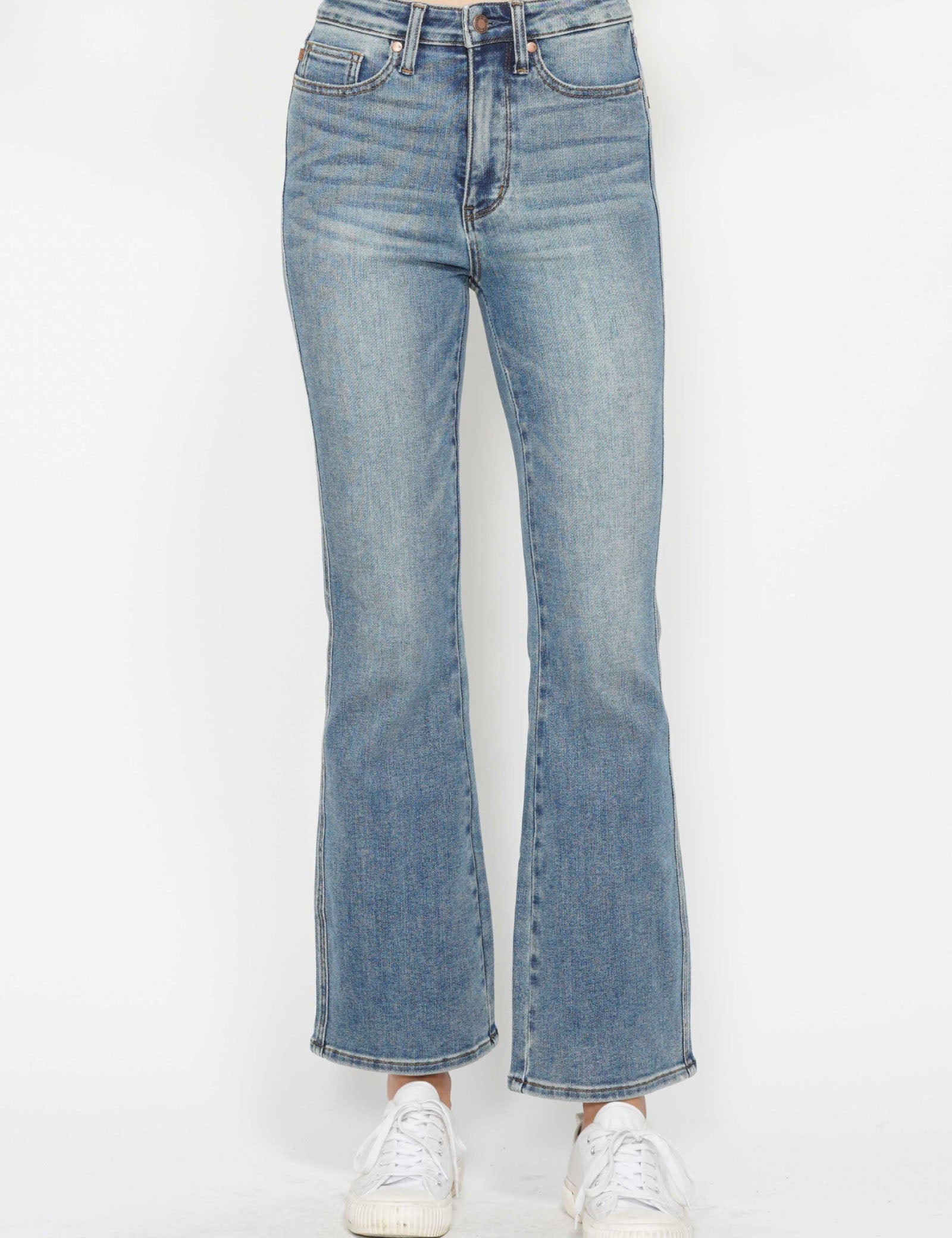 SHORT INSEAM Judy Blue Full Size Tummy Control Back Embroidered Pocketed Bootcut Jeans Plus Size | Daverri Fashions