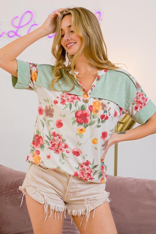 OFF WHITE COMBO M BiBi Floral Button Detail Round Neck Short Sleeve Terry T-Shirt | T-Shirts Daverri Fashions