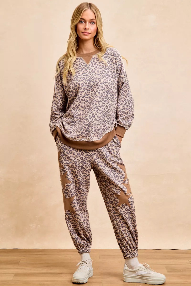 Cozy BiBi Leopard Printed French Terry Sweatshirt with distressed pants