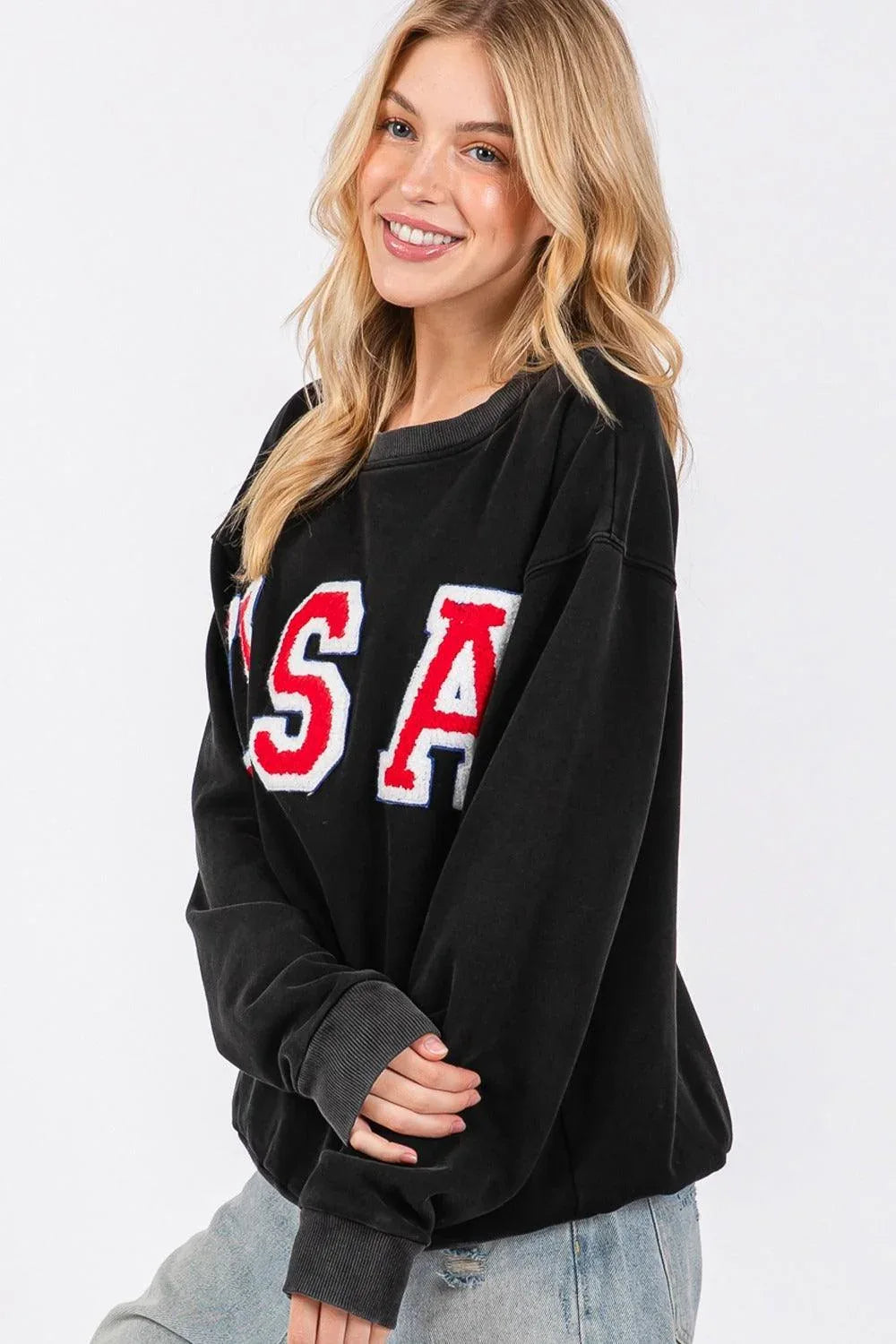 SAGE + FIG USA Letter Patch Round Neck Sweatshirt - DAVERRI FASHIONS