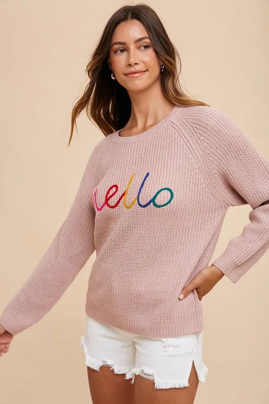 Annie Wear HELLO Embroidered Raglan Sleeve Sweater Sweaters