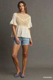 Umgee Floral Lace Trimmed Detail Half Sleeve Babydoll Top | Tops Daverri Fashions
