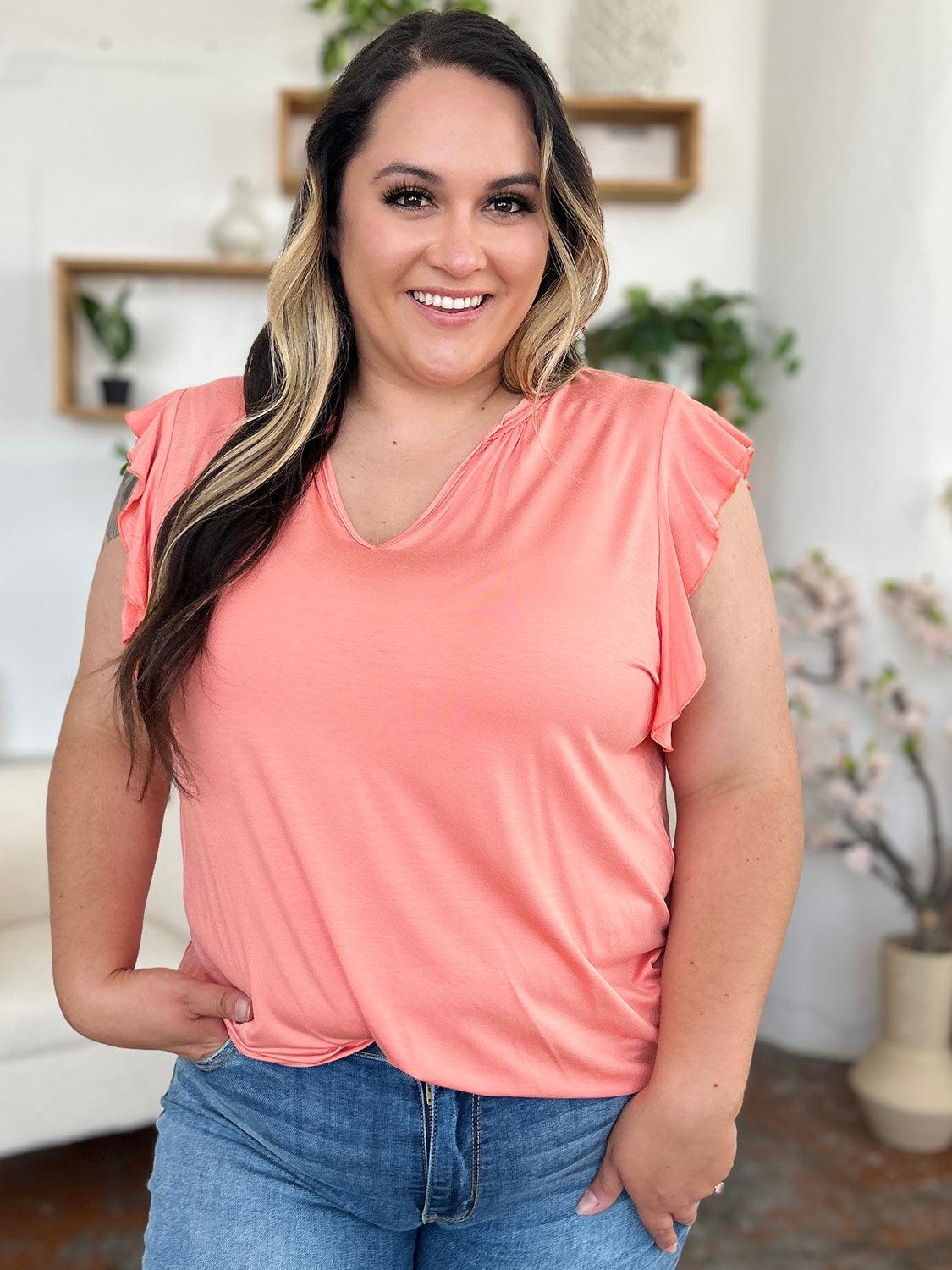 Basic Bae Full Size Bamboo Notched Ruffled Short Sleeve T-Shirt | T-Shirts Daverri Fashions