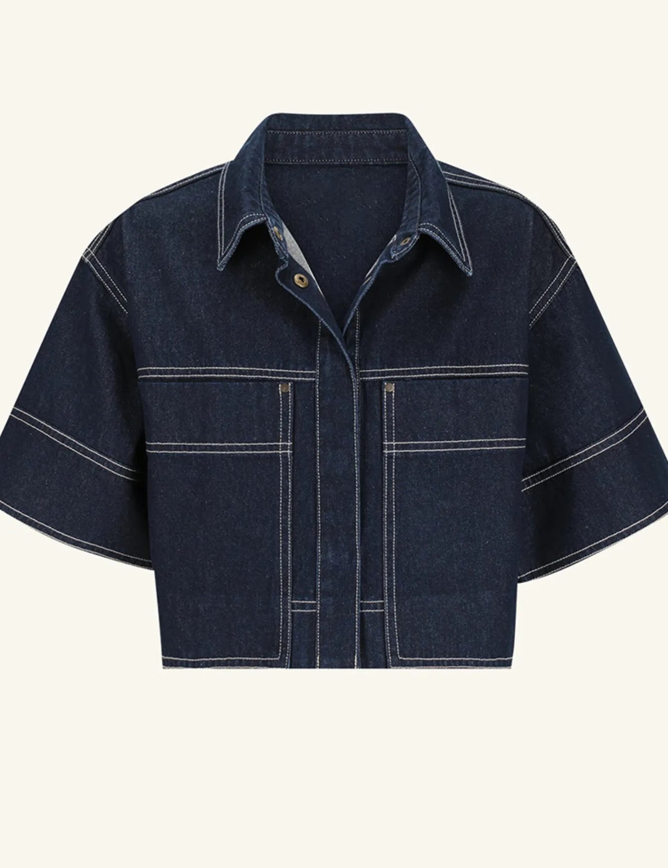 Cropped Short Sleeve Contrast Stitch Denim Top | Tops Daverri Fashions