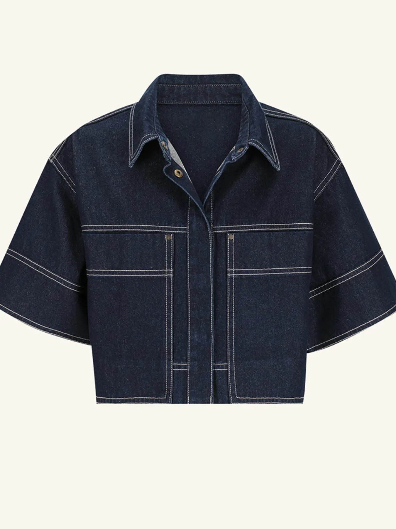 Cropped Short Sleeve Contrast Stitch Denim Top | Tops Daverri Fashions