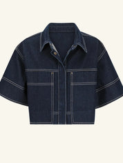 Cropped Short Sleeve Contrast Stitch Denim Top | Tops Daverri Fashions