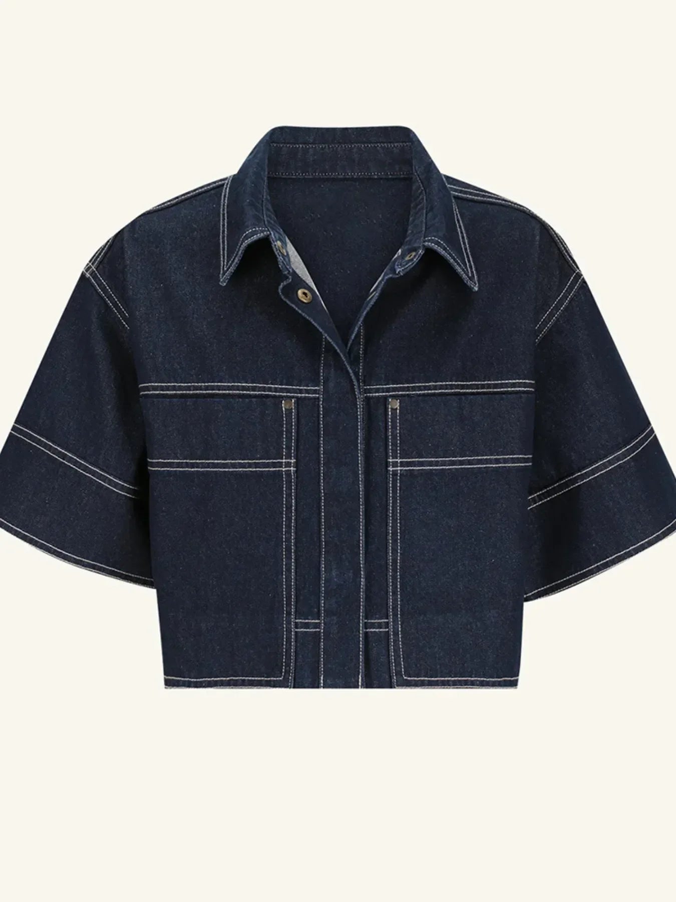 Cropped Short Sleeve Contrast Stitch Denim Top - DAVERRI FASHIONS