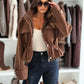 Daverri drawstring waist cropped jacket in brown faux suede with peplum hem