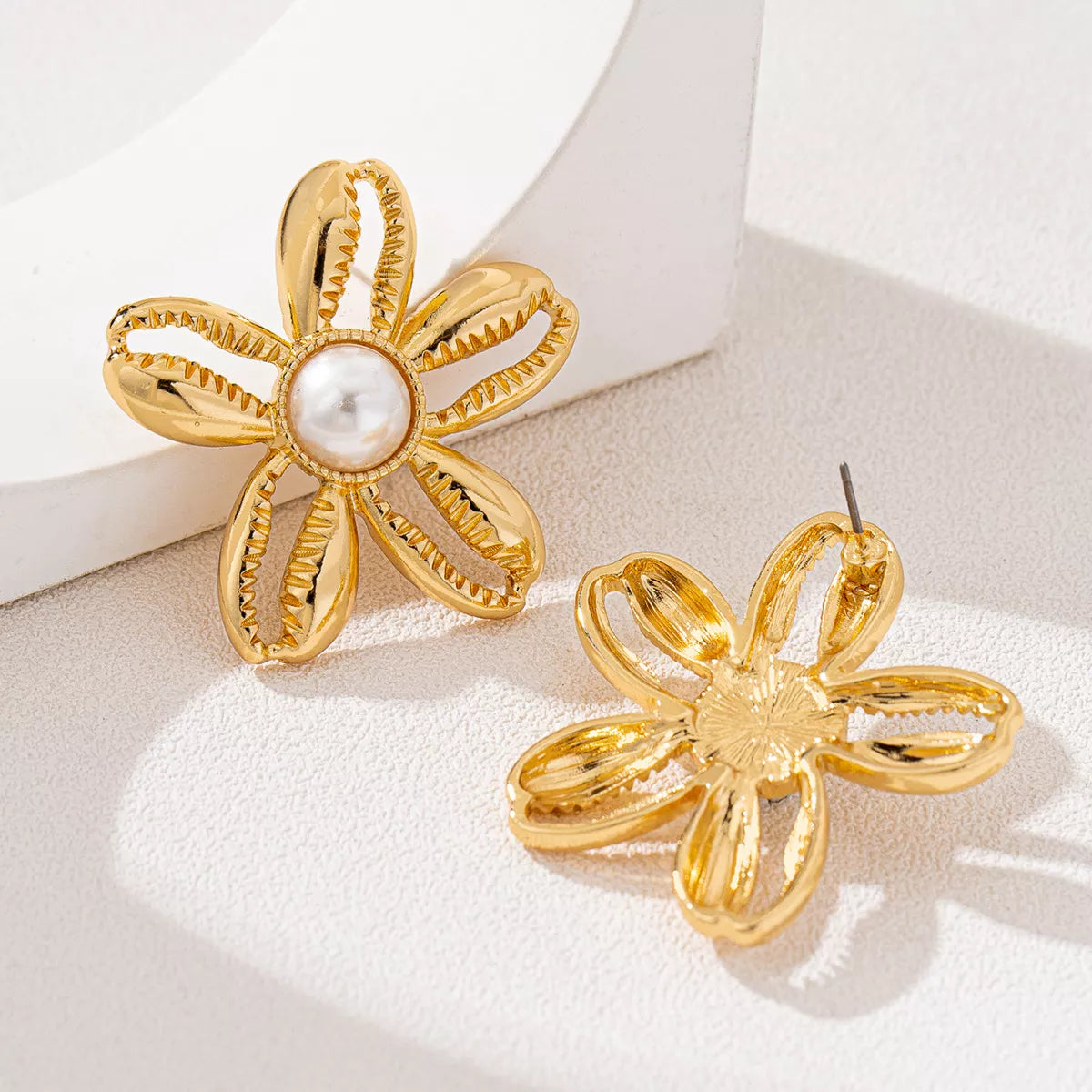 18K Gold-Plated Gold Flower Synthetic Pearl Stud Earrings | Earrings Daverri Fashions
