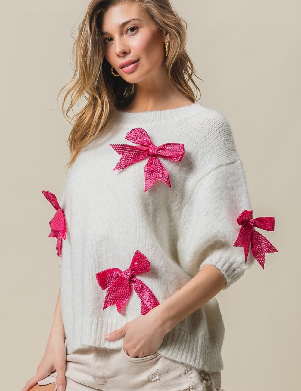 BiBi Sequin Bow Puff Sleeve Sweater Ivory Fuchsia S