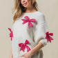 BiBi Sequin Bow Puff Sleeve Sweater Ivory Fuchsia S Sweaters
