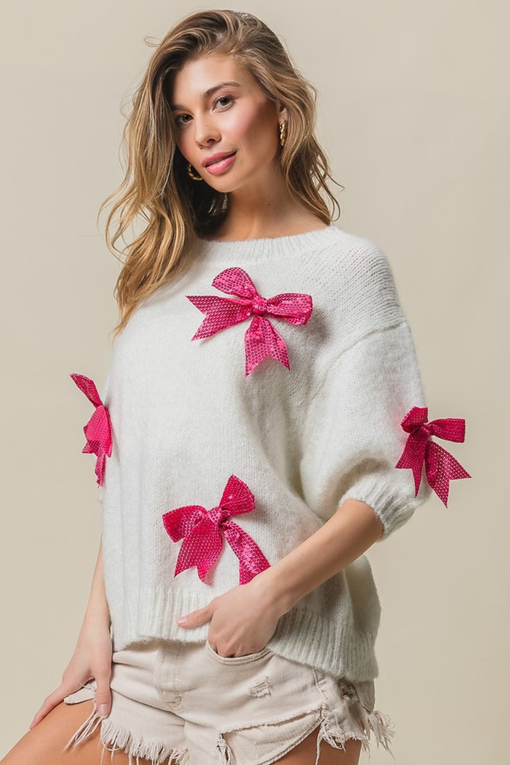 BiBi Sequin Bow Puff Sleeve Sweater Ivory Fuchsia S