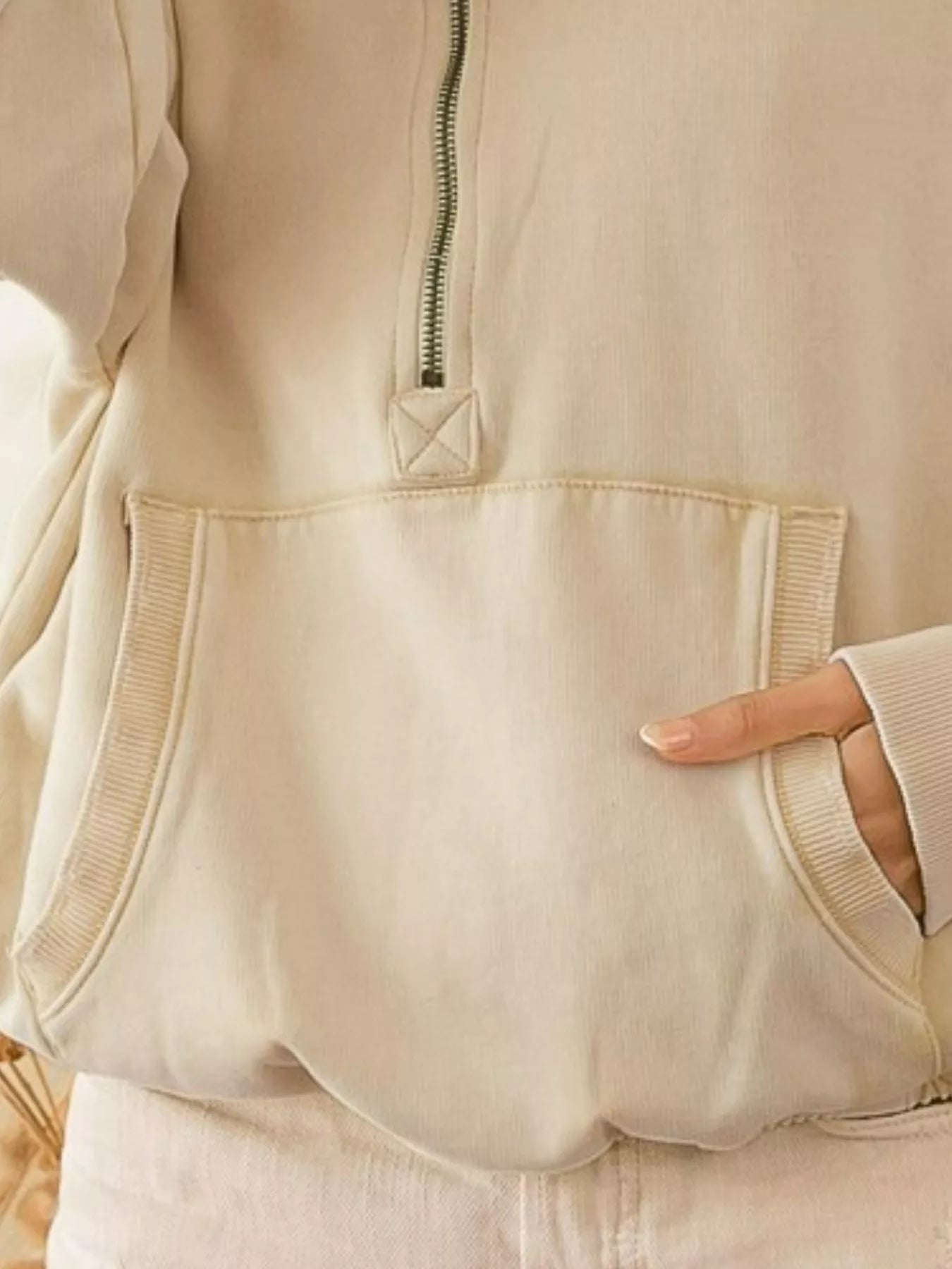 BiBi Stitch Detailed Elastic Hem Half Zip Fleece Hoodie | Hoodies Daverri Fashions