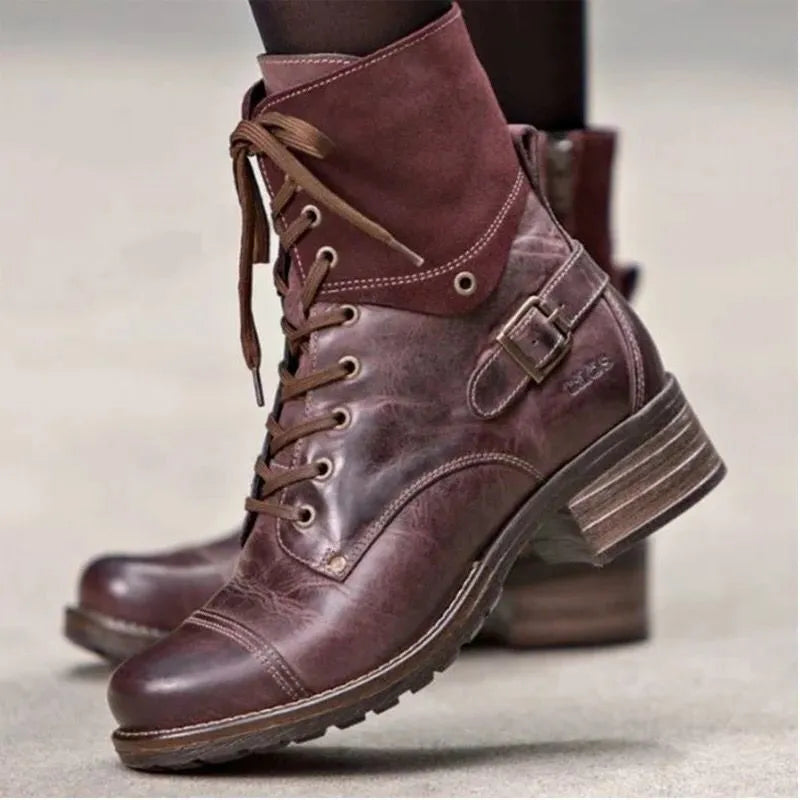 Burgundy Lace-Up Block Heel Boots | Boots Daverri Fashions