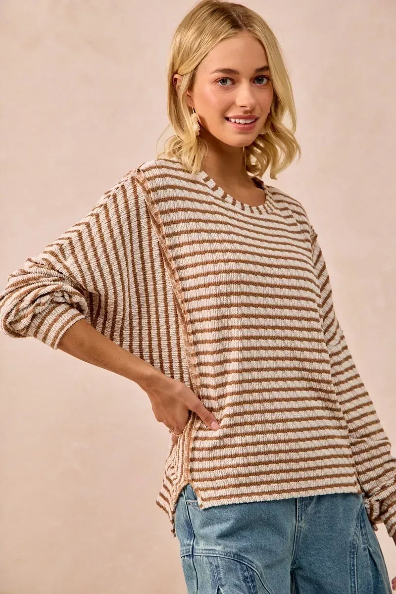 BiBi Open Seam Detail Textured Stripe Knit Top - DAVERRI FASHIONS