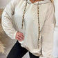 Beige leopard trim drawstring long sleeve hoodie