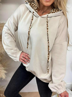 Beige leopard trim drawstring long sleeve hoodie