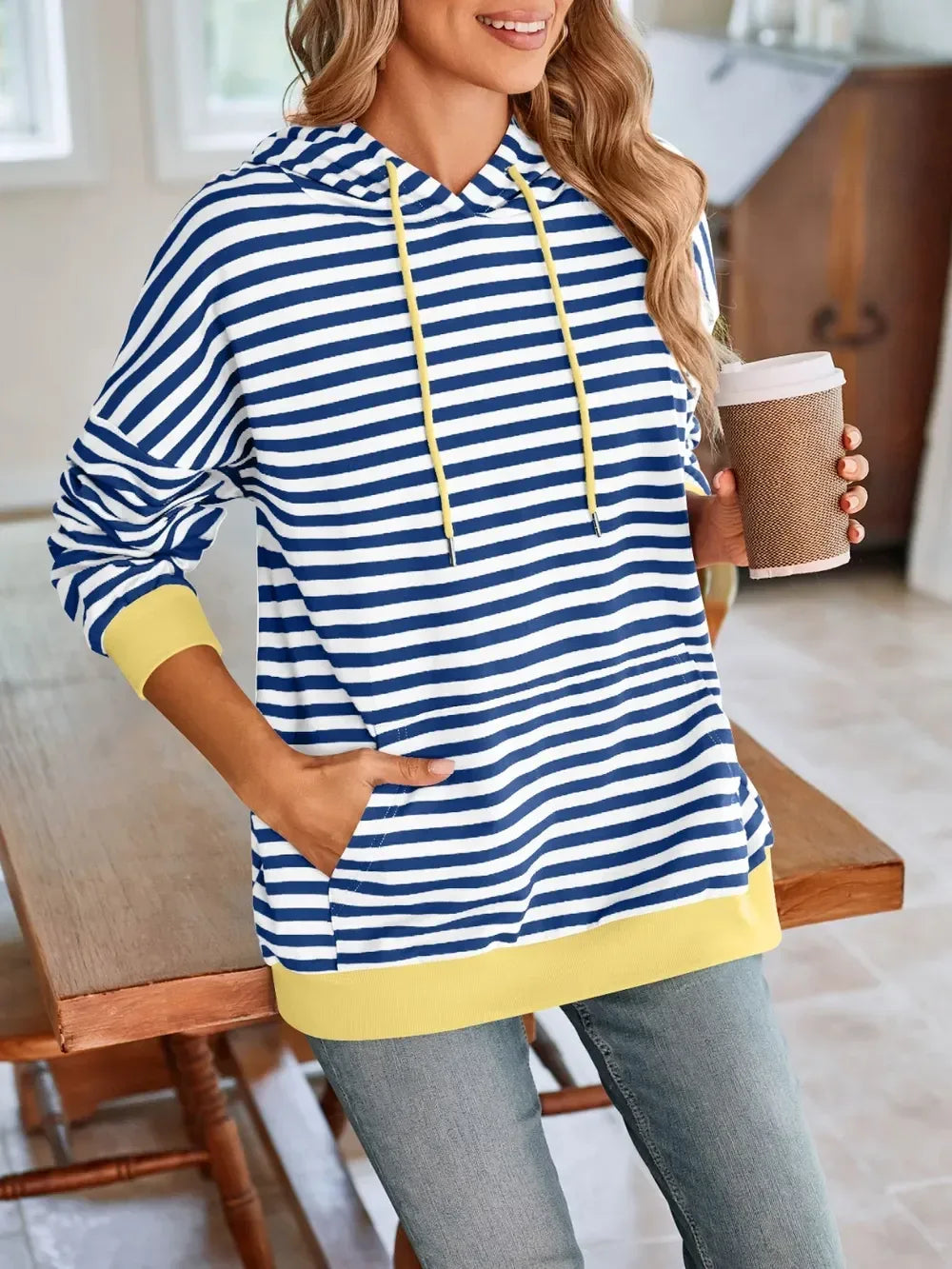 Lovelet Drawstring Striped Long Sleeve Hoodie - DAVERRI FASHIONS
