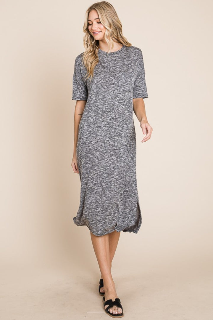 BOMBOM Slit Round Neck Half Sleeve Midi Dress Grey