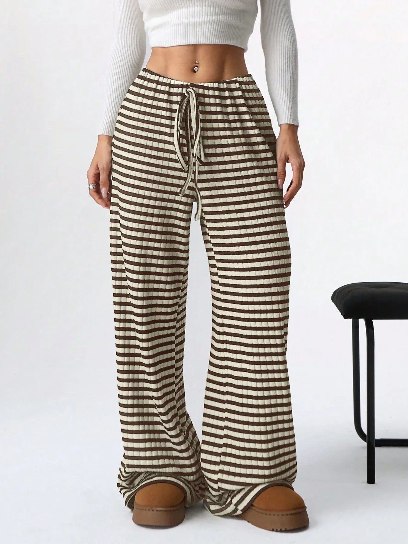 Coffee Brown Striped Wide Leg Drawstring Pants | Loungewear Pants Daverri Fashions