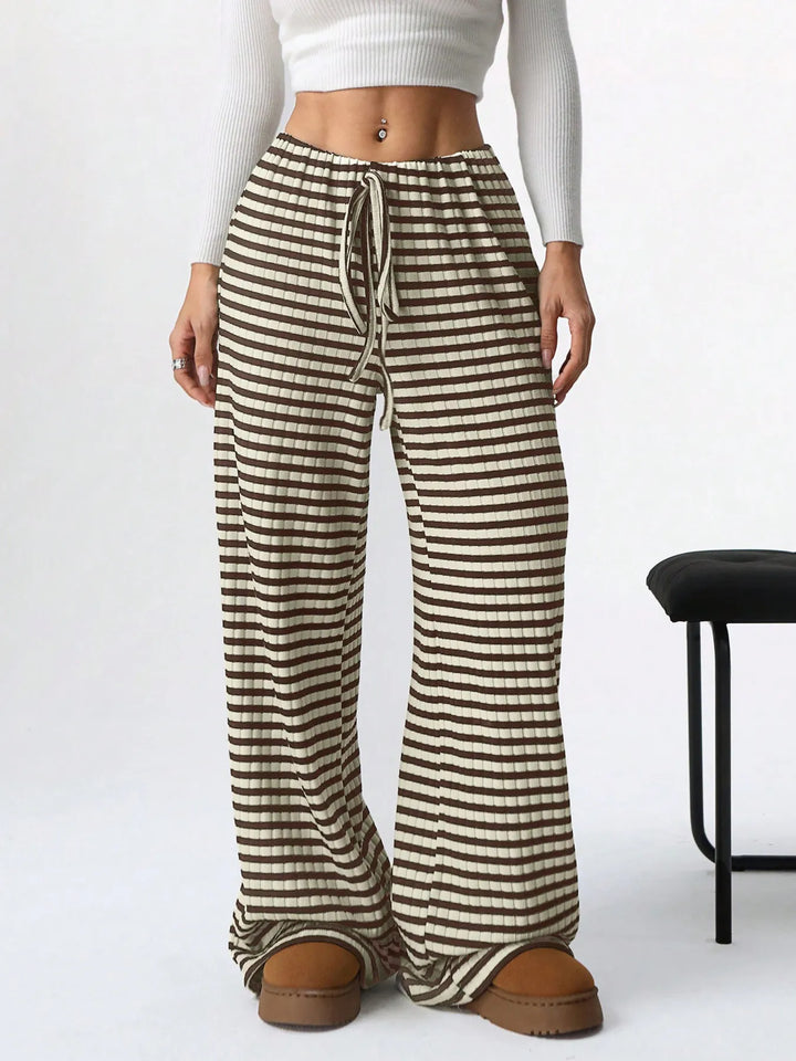Coffee Brown Striped Wide Leg Drawstring Pants | Loungewear Pants Daverri Fashions