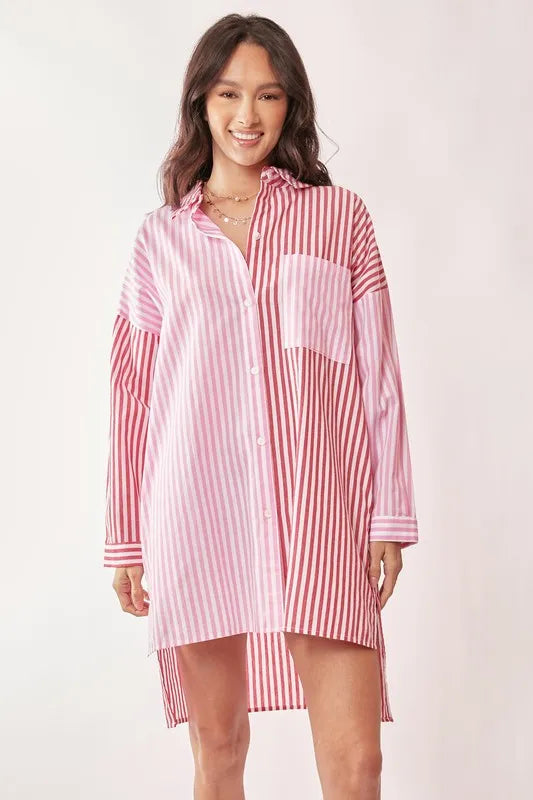 Davi & Dani Multi Color Stripe Mixed Button Front Tunic Shirt Dress Mini Dresses