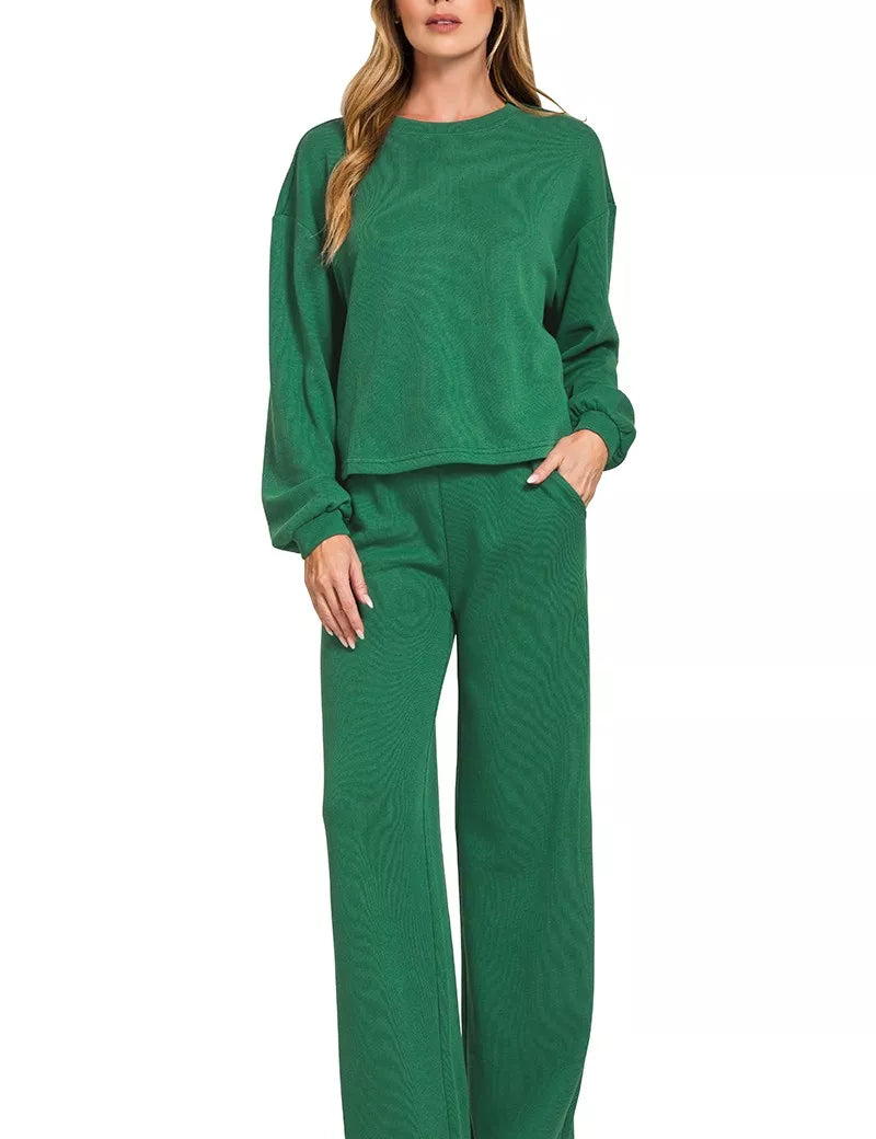 DK GREEN Zenana French Rib Pullover and Pants Set | Daverri Fashions