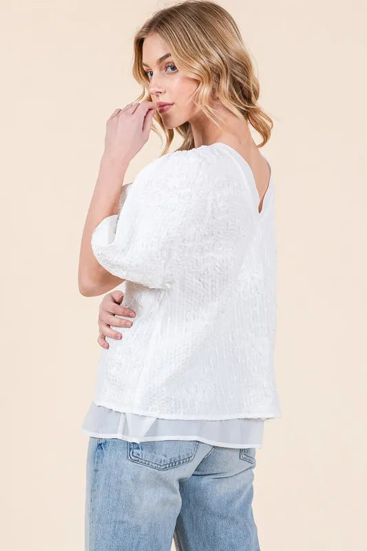 Lime 'N' Chili Floral Textured Puff Sleeve Top