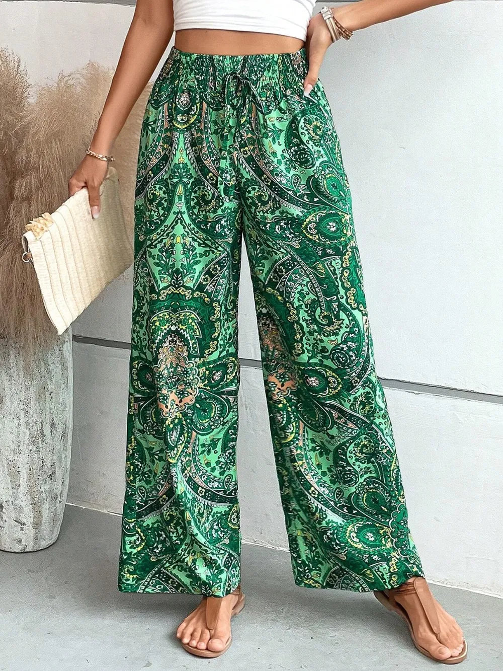 Dark Green Printed Wide Leg Pants | Pants Daverri Fashions