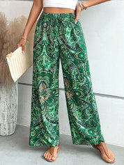 Dark Green Printed Wide Leg Pants | Pants Daverri Fashions