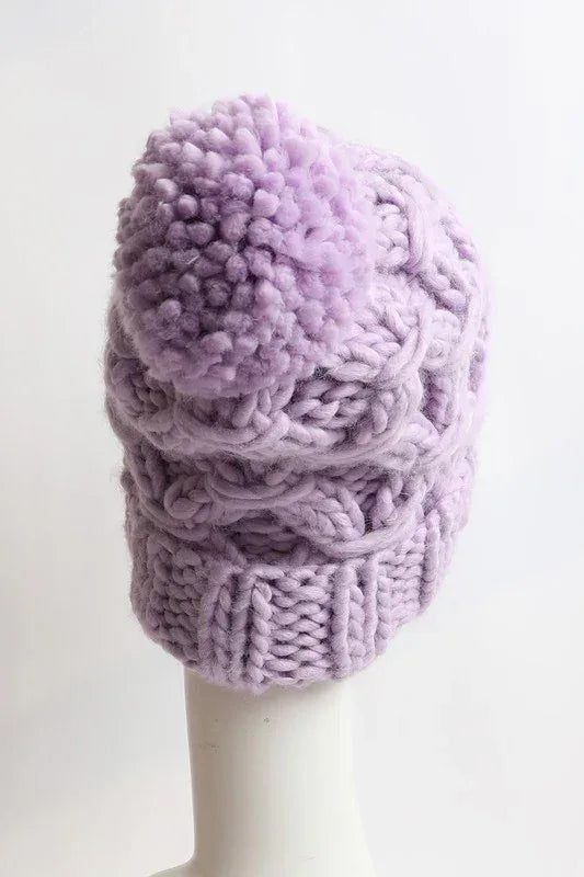 Oversized Chunky Knit Pom Beanie - DAVERRI FASHIONS