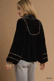 Umgee Velvet Long Sleeve Blouse with Contrast Trim | Blouses Daverri Fashions