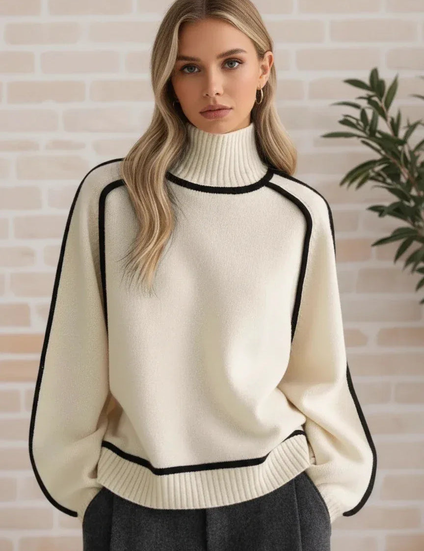 Daverri Fashions Contrast Trim Turtleneck Sweater - DAVERRI FASHIONS